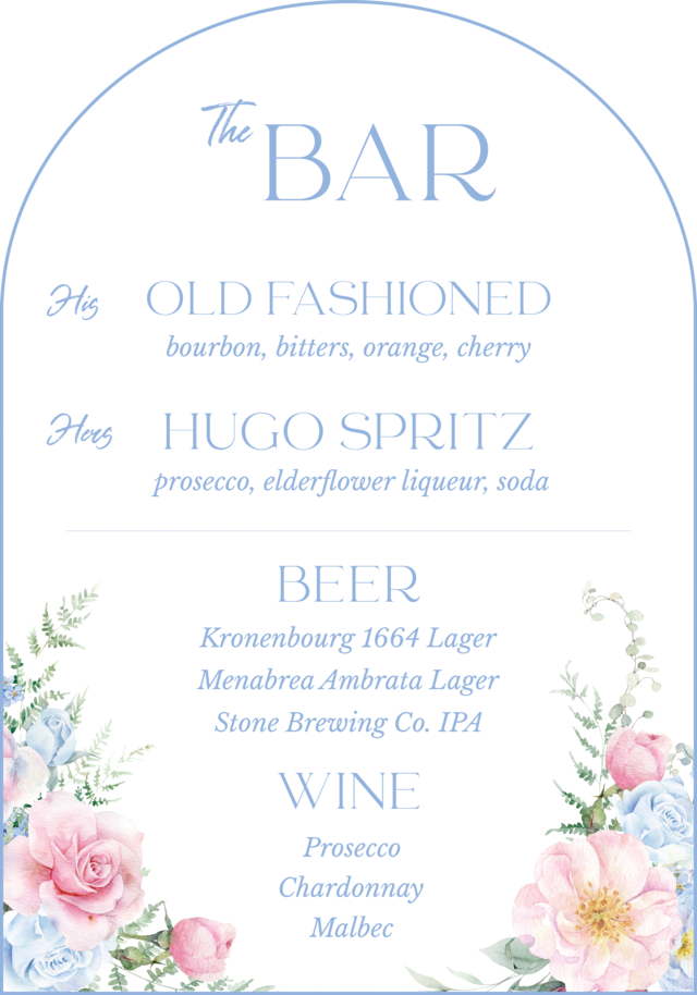 Arched wedding bar menu with signature cocktails, beer, and wine
