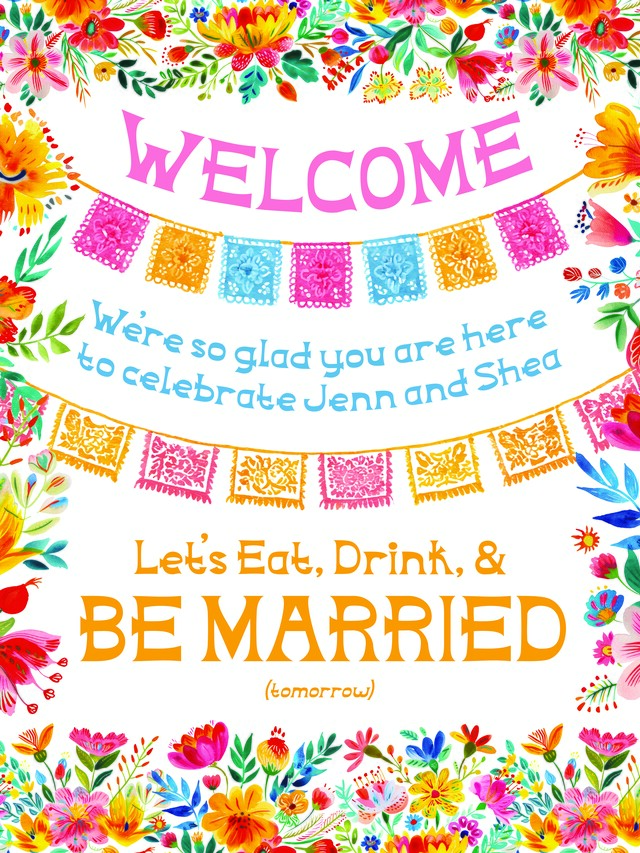 Colorful floral welcome-party sign with papel picado details